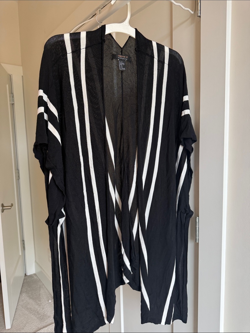 Black and White Striped Open Cardigan